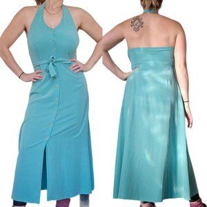 Teal Halter Sundress Belted Button Shirt Shirt Dress Midi Maxi 6/8 Rayon VTG 80s
